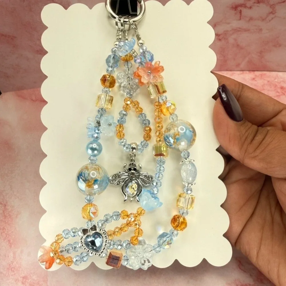 Bee Phone Wristlet Crystal Blue Beaded Heart Bow Bag Charm Keychain Handmade